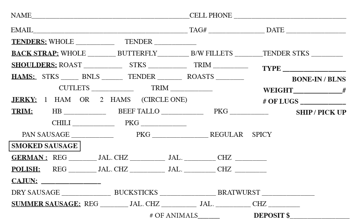 Uvalde Meat Market & Processing Wild Game Processing Menu Uvalde